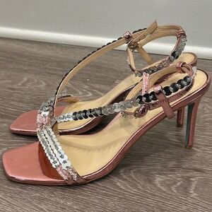 Betsey Johnson Asher Rose Gold Sequin Ankle Strap High Heel Sandals 10 Prom Hoco